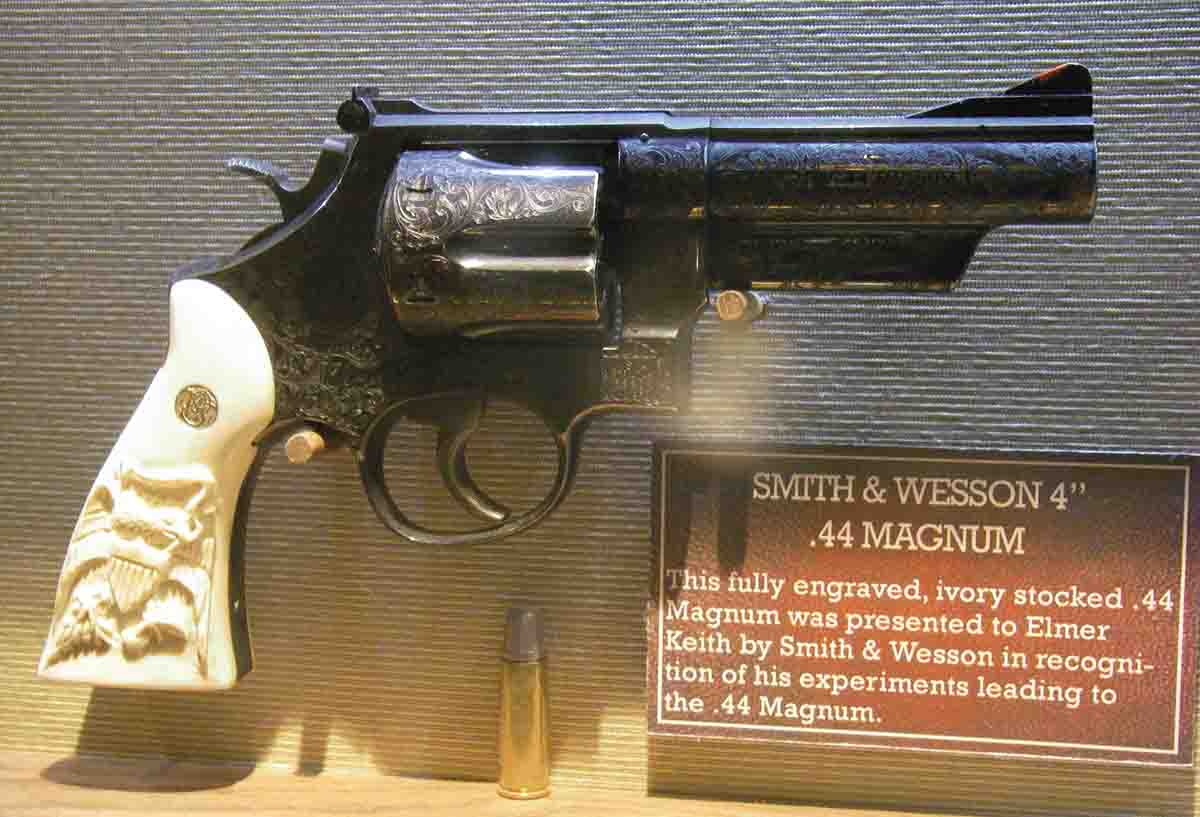 Smith & Wesson presented Elmer Keith with this stunningly engraved .44 Magnum, complete with carved ivory stocks and his signature.